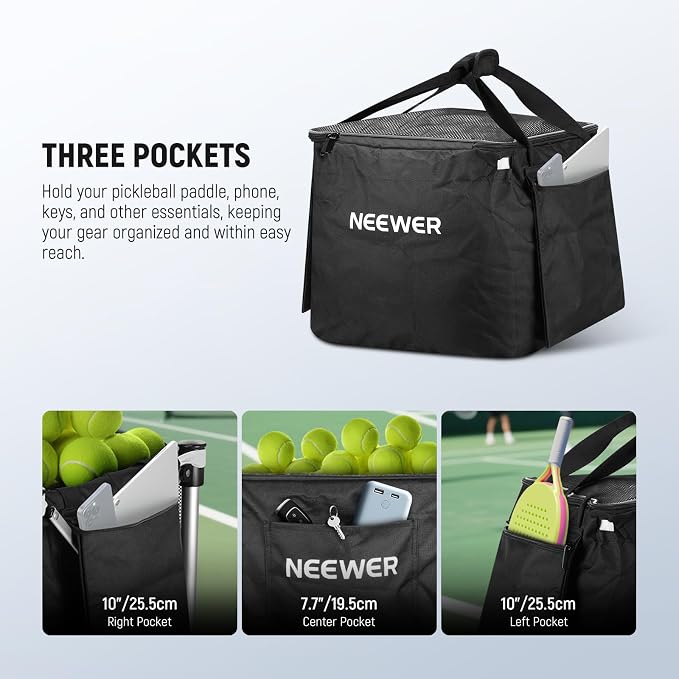 NEEWER Tennis Ball Hopper, Pickleball Retriever Collector Basket Cart Holder Tennis Court Equipment Accessory for Training Teaching