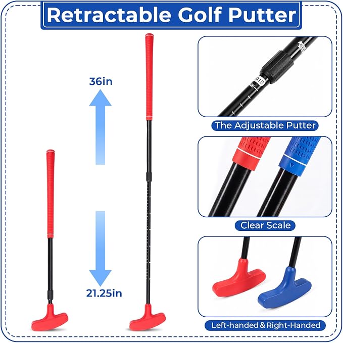 MiniInflat 2 Pack Mini Beach Golf Putters with 6 Balls, 2 Golf Putting Cup and Flag, 12 Tees, Two Way Adjustable Length Putter for Right or Left for Outdoor Beach Park Grass Backyard Putting Game