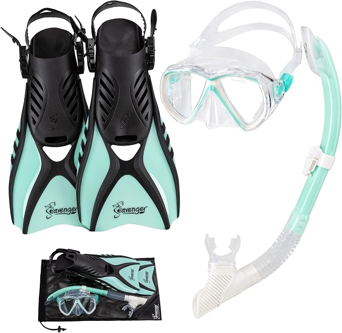 Seavenger Hanalei Anti-Fog 4-Piece Snorkeling Set with Soft-Flex Dry Snorkel, Adjustable Open-Heel Fins, Twin-Lens Mask, and Mesh Bag