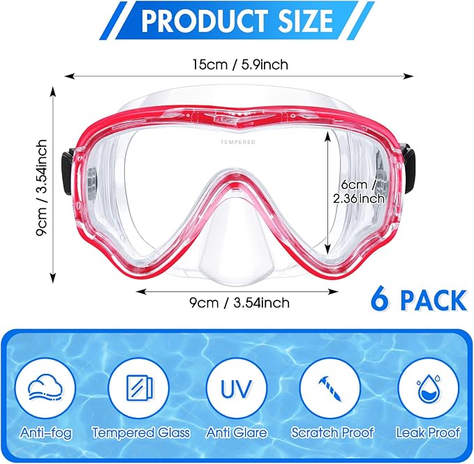 LEIFIDE 6 Pack Adult Snorkel Swim Mask Bulk Diving Mask Swim Goggles Silicone Anti Fog Swimming Goggles with Nose Cover Wide View Tempered Glass Dive Mask Anti Leak Pool Goggles for Youth Man Woman