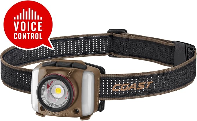 Coast FL97R Voice-Controlled 1200 Lumen Rechargeable LED Headlamp with Pure Beam Spot & Flood, ARC Lighting, Red & Green Color Modes, Glide Focus Radial Arm Dial and USB-C Charge Port, Desert