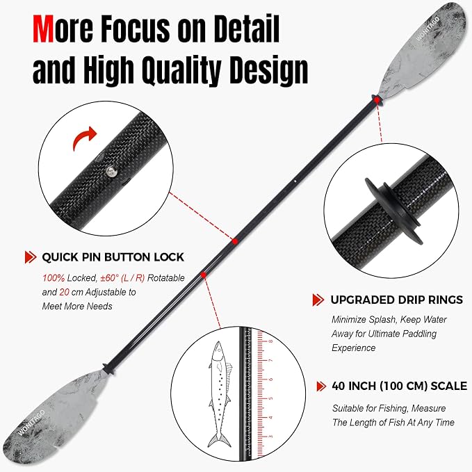 Angler Kayak Paddle Carbon Fiber Shaft and Plastic Blade, Floating Adjustable Fihsing Kayak Oar with Paddle Leash, 230-250cm/90-98 inch