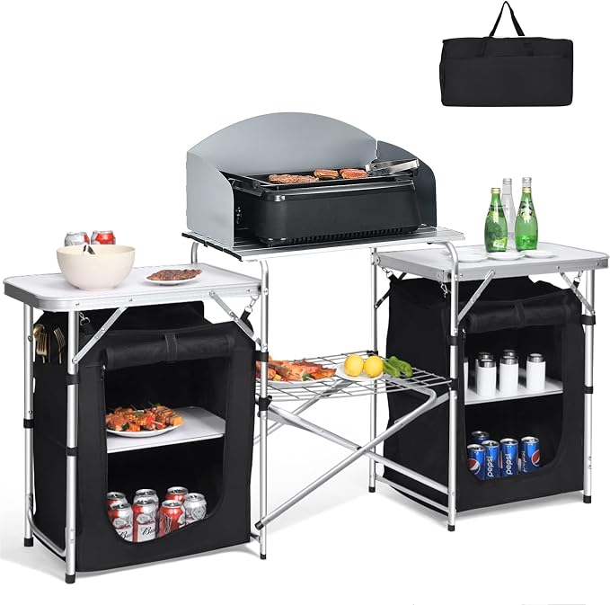 Giantex Camping Kitchen Station, Folding Grill Table with 26'' Tabletop, 2 Side Tables, Storage Organizer, Detachable Windscreen, Portable Camp Cook Outdoor Prep Station Backyard BBQ Picnic (Black)