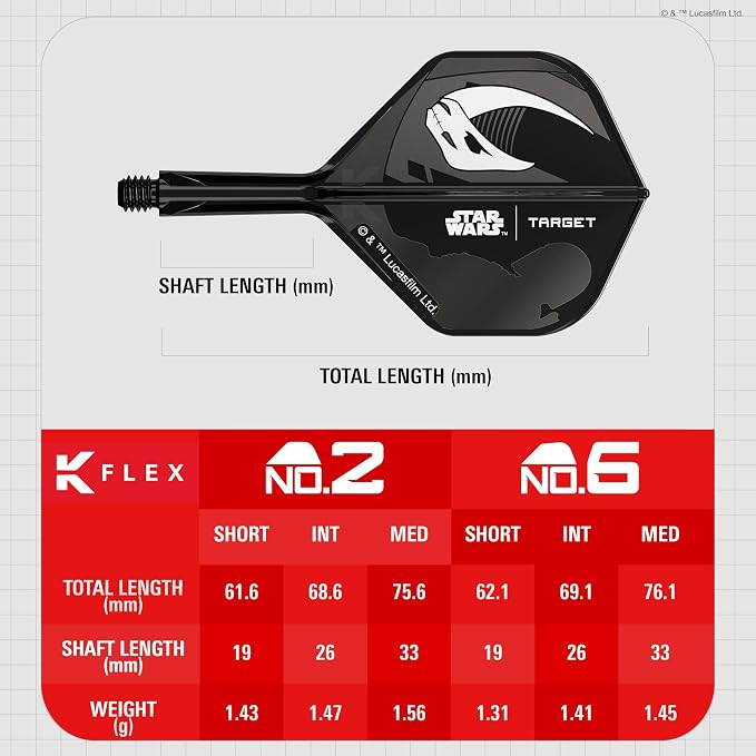 Target Darts Star Wars Mandalorian K Flex Integrated Dart Flights & Shafts | Character Inspired Pack of 3 K-Flex, No.2 & No.6 | Short, Intermediate & Medium Disney Kflex Accessories