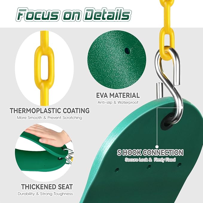 SEKKVY Swing Seats with 66" Heavy Duty Chains, Swing Set Accessories Replacement with Snap Hooks, Toddler Swings Supports 250 lbs for Outdoor Backyard Playground, Indoor Swing for Kids, Green 1 Pack