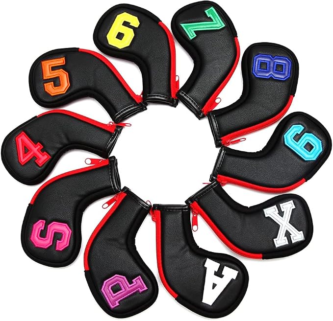 Colorful Number Golf Iron Head Covers Iron Headovers Wedges Covers 4-9 ASPX 10pcs (Black with Zipper)