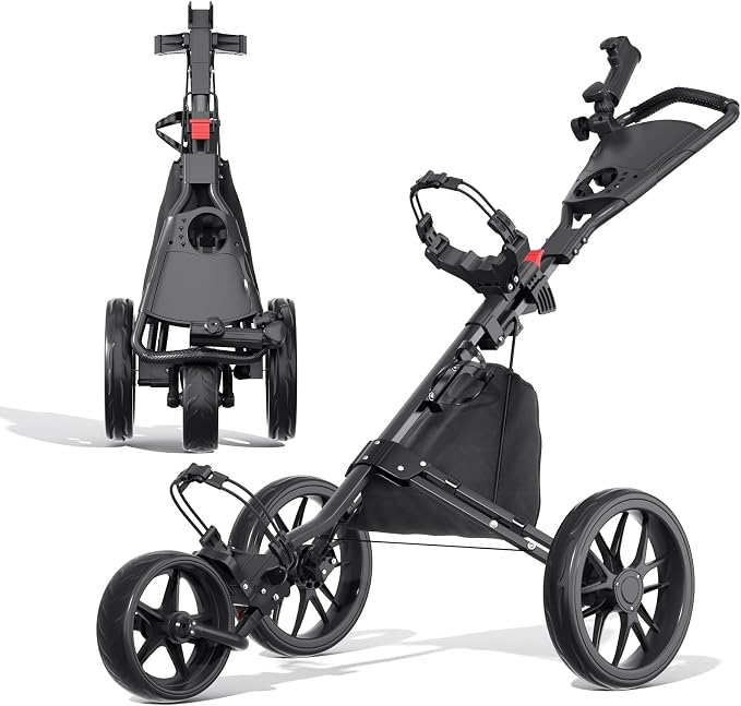 Golf Push Cart - Lightweight Aluminum 3-Wheel Foldable Golf Bag Cart with Large Wheels for All Terrain, Adjustable Handle, Foot Brake, Cooler Bag, Cup/Umbrella Holder