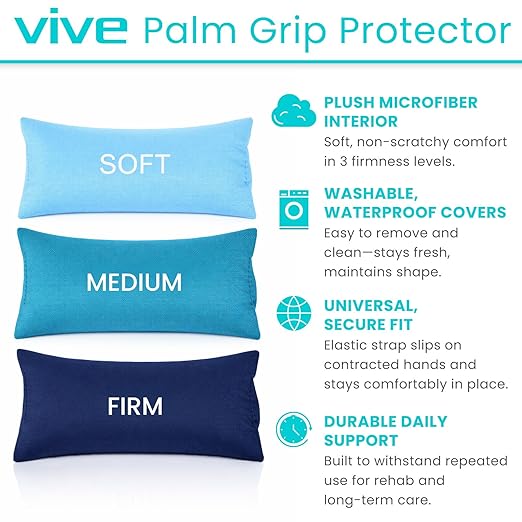 Vive Palm Grip Protector (3 Pack) - Hand and Finger Contracture Cushions - for Arthritis, Skin Breakdown, Exercise Strength - Comfortable Elastic Band Sized for Men and Women - Stroke Patient Rehab