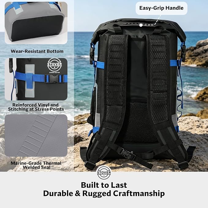 STOVER 40L Waterproof Dry Backpack & Phone Case - X-Large Floating Dry Bag for Kayaking, Travel, Hiking, Fishing, Camping, Motorcycles & Beach, Heavy-Duty Roll Top Men/Women (Black/Grey/Blue)