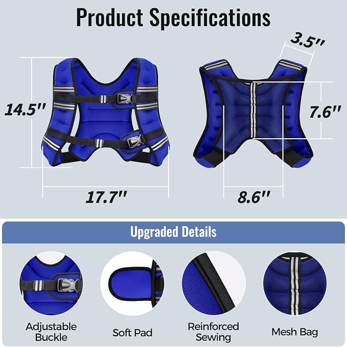 Zeerun Weighted Vest, 6lb/8lb/10lb/12lb/15lb/18lb/20lb/24lb/30lb for Men Women, Reflective Stripe Adjustable Buckle, Comfortable Durable Rucking Vest for Walking Running Strength Training