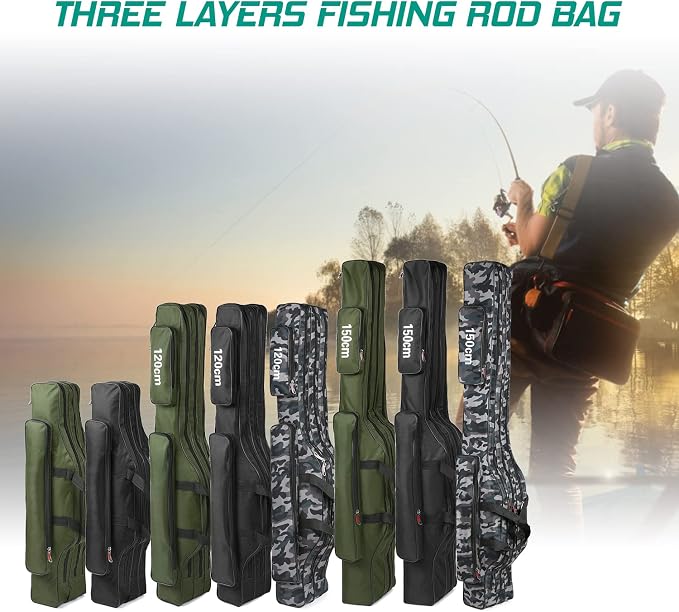 Fishing Rod Case Three Layers Fishing Rod Bag Oxford Portable Folding Fishing Pole Bag Outdoor Waterproof Tackle Storage Travel Bags Carry Organizer for Fishing Camping Hiking