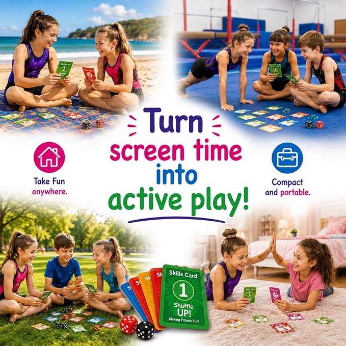 Shuffle Up Gymnastics Card Games - 70+ Fun & Active Skills Cards for Kids, Fitness Cards Develop Fundamentals, Stamina & Strength, Easy to Play for Kids | Multiple Skills Level Card Include 2 Dices