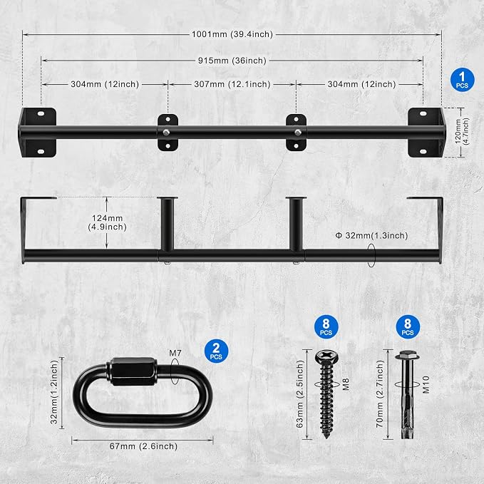 Kipika Wall Mounted Pull Up Bar - Heavy Duty 450 LB Capacity Doorway Chin Up Bar for Home Gym, Sturdy Steel Construction with Resistance Band Hooks | Hanging Exercise Bar for Full Body Workout