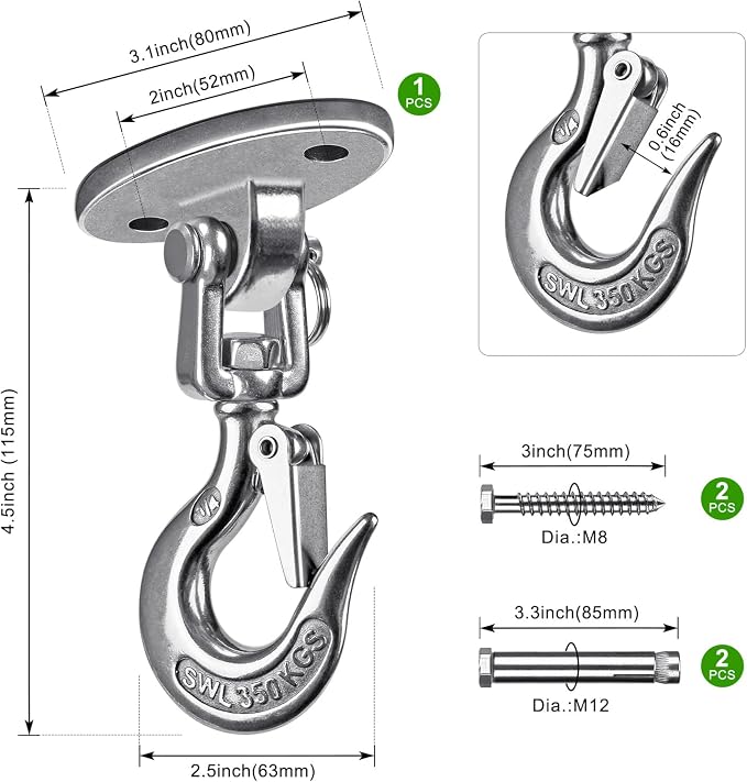 SELEWARE Heavy Duty 1000LB Capacity Stainless Steel Ceiling Swing Mount 360 Swivel Swing Hooks for Aerial Yoga Hammock Chairs Porch Swing Punching Bags