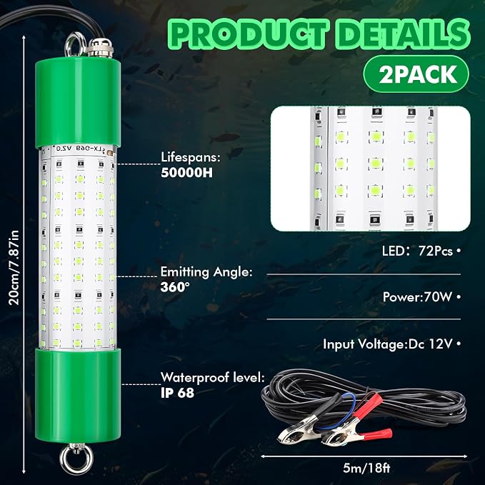 VIHOSE 2 Pack 70w 12v LED Underwater Fishing Light: Ip68 Green Waterproof Light 72 LEDs 18ft Fish Attractor for Boat Dock Night Fishing Snook Crappie Compatible with Battery Clips Cigarette Lighter