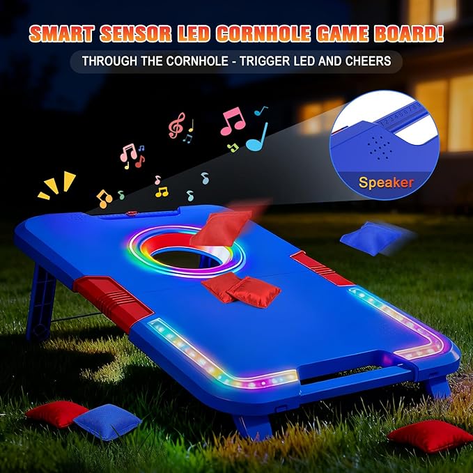 VATOS Portable Cornhole Board Set with LED Lights & Sound Effects, Scoring, Foldable - 2 Boards & 8 Bean Bags for Backyard, Camping, Tailgate Parties, Outdoor Cornhole Games for Kids and Adults Family