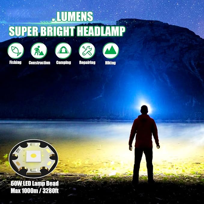 Headlamp Rechargeable 6Pack, 3000 Lumen Ultra-Light Bright Headlamp Flashlight with White Red Light, LED Headlight, 5+5 Mode for Outdoor Camping Fishing Running Hiking (1)