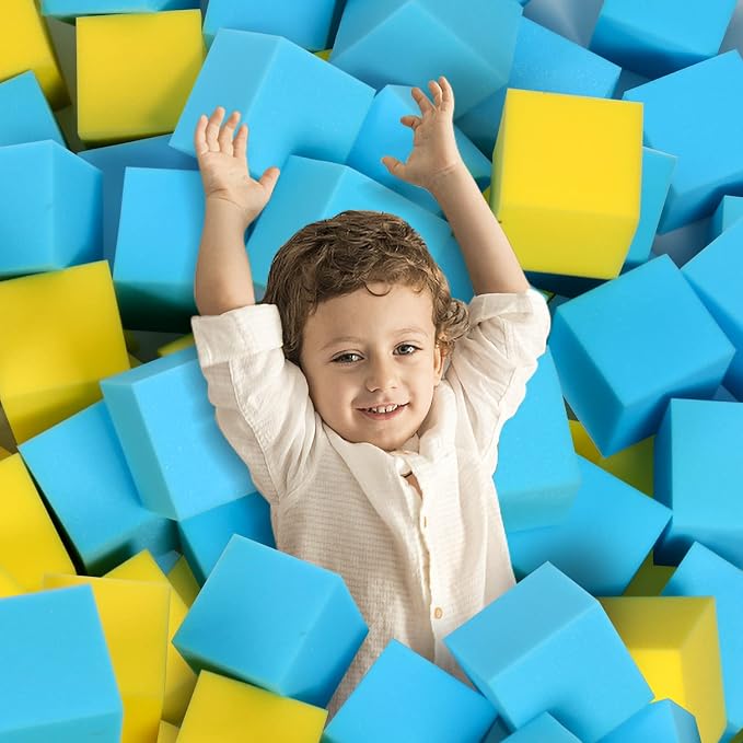 Foam Pit Cubes, 24 PCS 5 Inches Gymnastics Foam Blocks Trampoline Blocks, Multi-Sport Protective Padding for Freerunning, Trampoline, Parkour, Skate Parks & BMX - Blue & Yellow