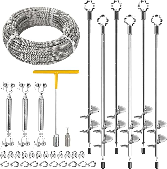 Ground Anchors Heavy Duty for High Wind Tie Down, 6 Pack 30" Shed Anchor Kit with1/4 Stainless Steel Cable & 3 Turnbuckles, Screw-in Trampoline Anchors for Swingset Carport Canopy Gazebo