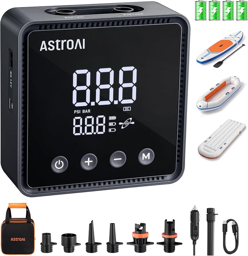 AstroAI P3 Electric Paddle Board Pump, 20PSI Rechargeable SUP Pump for Paddleboard with Battery & 12V DC, Dual Stage Inflation & Deflation and Auto-Off SUP Air Pump for Kayak, Tent, Boat