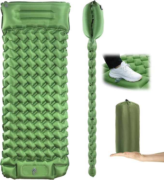Camping Sleeping Pad, Extra-Thick Camping Mattress with Pillow, Built-in Foot Pump 3.56" Ultralight Inflatable Sleeping Pads for Camping Hiking Backpacking Traveling Tent, Green, Single