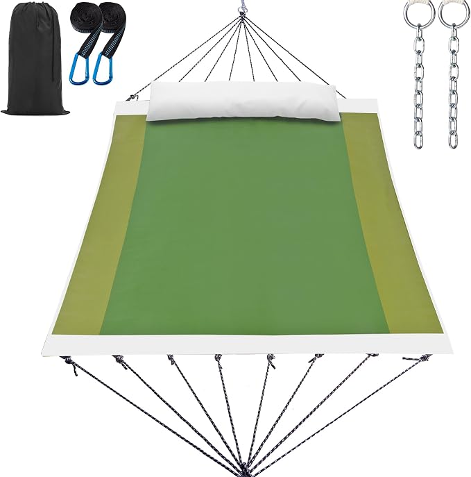 GAFETE 14ft 2 Person Hammock for Outside, Quick Dry Textilene, Portable Hammocks Without Stand with Folding Steel Spreader Bar, Carrying Bag, Tree Straps, Pillow & Sidebag, 550 lbs Capacity (Green)