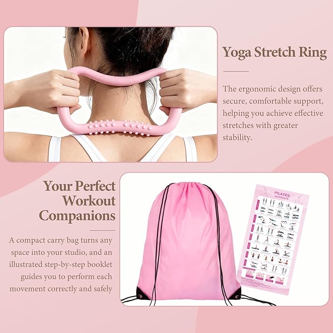 Pink Pilates Ring Kit with 14 inch Magic Circle & Foam Roller, Ergonomic Home Workout Equipment Set, Full Essentials for Women Beginners - Includes Exercise Guide & Storage Bag