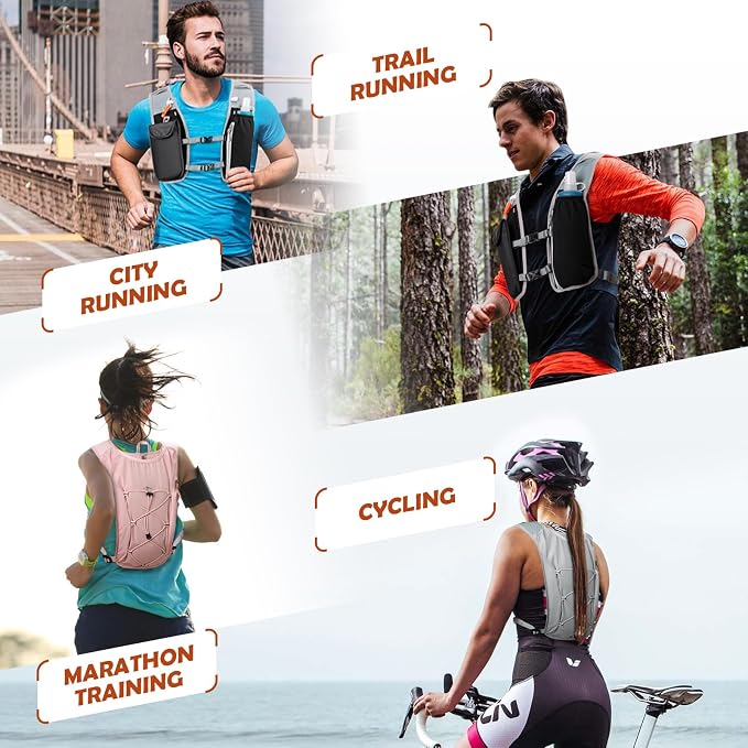 RAINSMORE Running Hydration Vest with 500ml Soft Flask, Waterproof Phone Pocket, Lightweight Hydration Pack, Adjustable No-Bounce Straps for Trail Running, Marathon, Cycling