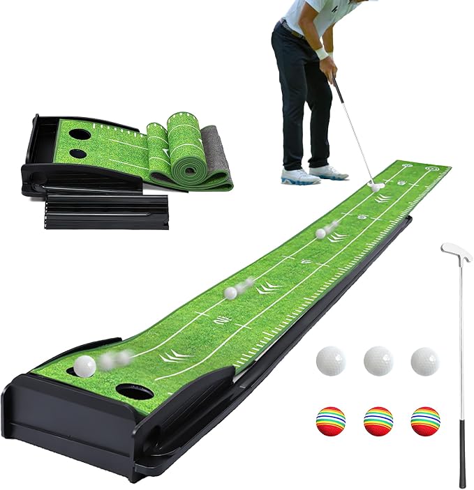 Losbenco Putting Green Indoor Golf Set with Putter & 6 Balls, Portable Golf Putting Practice Mat with Auto Ball Return System Suitable for Office, Backyard, Patio, Golf Gift for Men
