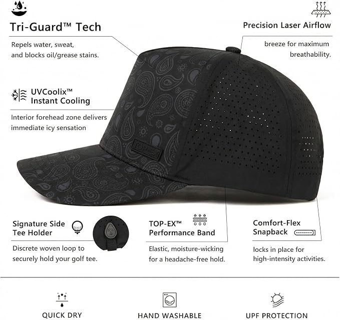 TOP-EX Performance Baseball Hat for Men Water Resistant Golf Cap Running Cooling Snapback Laser Perforated