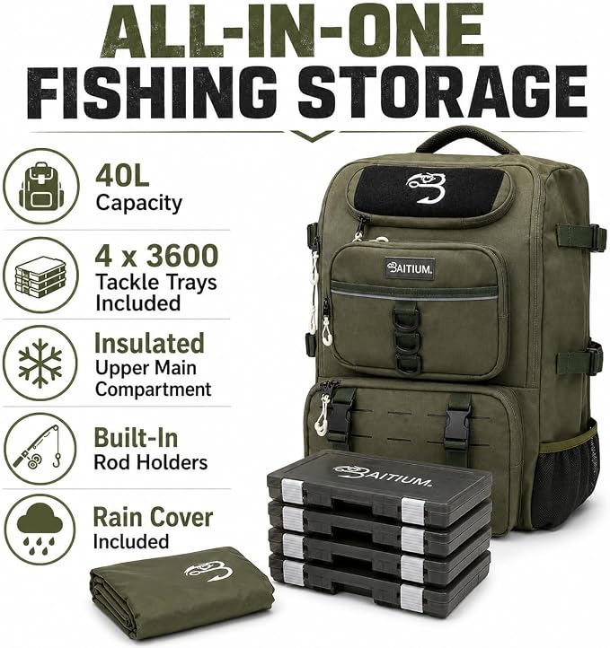 Baitium Fishing Backpack, Tackle Bag With Rod Holders, 40L Capacity With Cooler, Rain Cover, Insulated Pocket, 4 Tackle Trays Included (Jet Black)