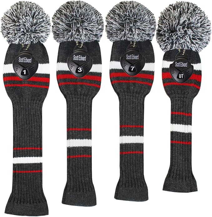 Scott Edward Golf Club Head Covers Set of 4, Acrylic Yarn Double-Layers Knitted, with Rotatable Number Tags