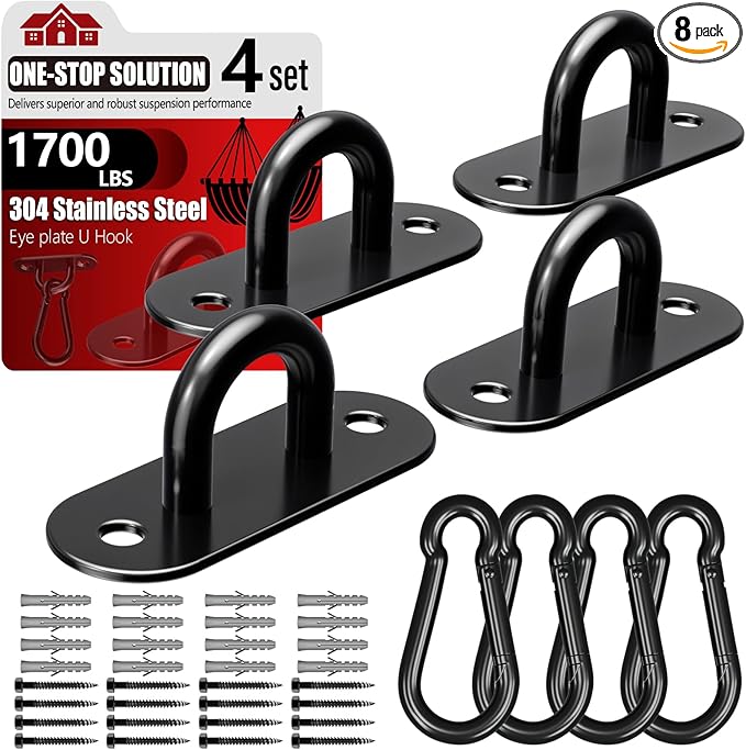 sprookber 304 Stainless Steel Pad Eye Snap Hooks, M10 Heavy Duty Ceiling Hooks, 1700lb Capacity Hammock Swing Hanging kit, Plant Hangers, Marine Hardware Staple Hook Loop with Screws, Set of 8(Black)
