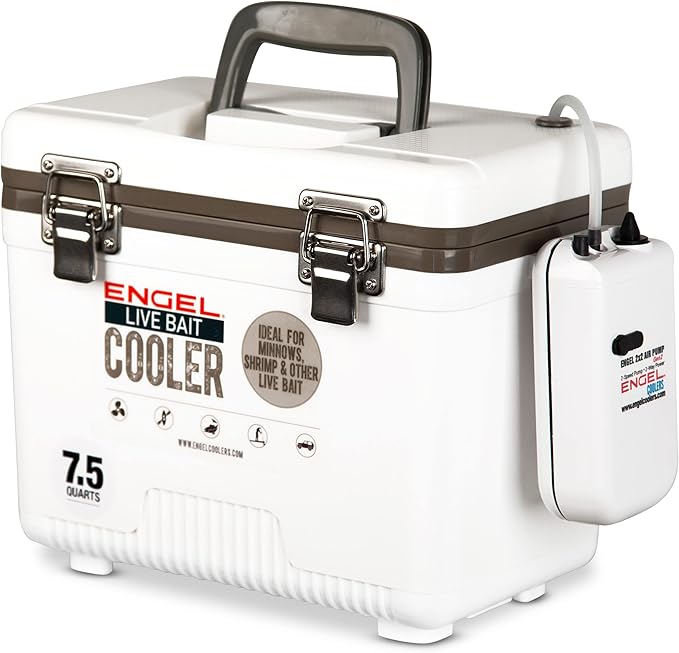 Engel Live Bait Cooler Box with 2nd Gen 2-Speed Aerator Pump - Portable Fishing Station & Minnow Bucket for Shrimp & Other Live Fish with Aerator - ENGLBC-N