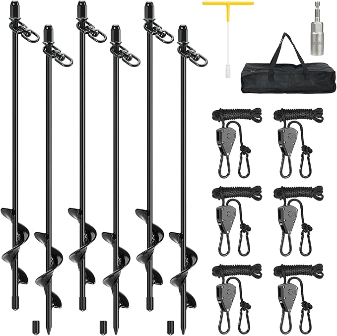 6 Pack Screw-in Tent Stakes, 17.7" Heavy Duty Spiral Ground Anchors (8mm Solid Steel, 1.5" Helix) w/ 6×8ft Ratchet Guy Lines, M12 Wrench & Bag for Camping Tents, Canopies, Tarps, Beach Sand