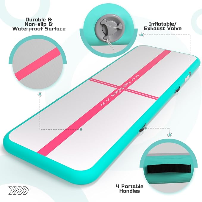 Pink Gymnastics Mat Inflatable Tumble Track Mats 10/13/16/20ft Training Mats for Home Air Mat for Kids with Pump 4”/6” Thick for Cheerleading/Yoga/Exercise/Parkour/Beach/Park/Water