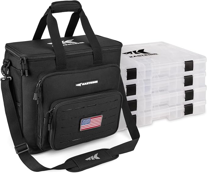 KastKing Karryall with Box Tackle Bag, Saltwater & Freshwater Gear Storage | 4 x 3700 Tackle Trays are included, Water-resistant, Padded Shoulder Strap, 42L, Store up to (8) 3600 size Lure Boxes