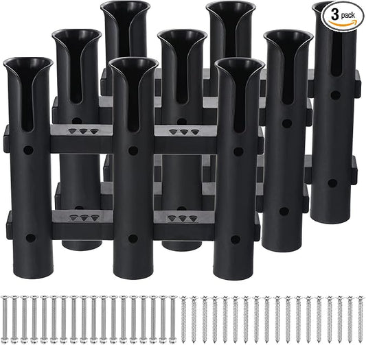 PATIKIL Fishing Rod Holder for Boat Plastic Rod Holder 3-Tube Pole Rack 3 Pack Wall/Side Mounted Fishing Pole Holder with Screws for Kayak, Truck, Black