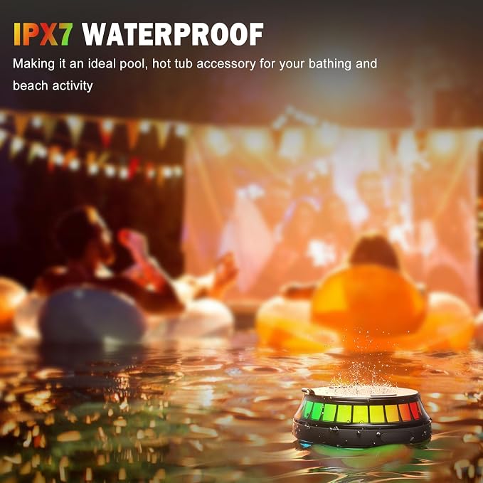 Floating Speaker for Pool, IPX7 Waterproof Floating Hot Tub Speaker with Colorful Lights, 12W Stereo Loud Sound, TWS, Portable, Wireless Party Gifts for Shower, Spa, Beach