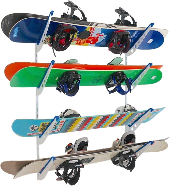 StoreYourBoard Ski & Snowboard Rack, Adjustable Wall Mount Rack Storage System for 4 Boards, Heavy-Duty Garage Wall Organizer for Ski & Snowboards (Snowboard - White)