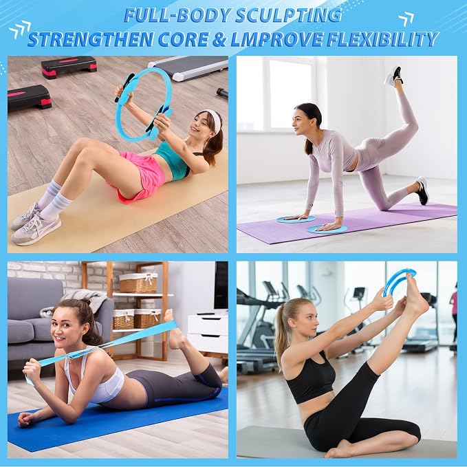 Halloscume 24 Pcs Pilates Kit, Home Pilate Equipment for Women, Pilates Ring and Ball Set with Stretching Strap, Water Bottle, Magic Circle, Yoga Ring, Gym Bag, Resistance Band, Anti Slip Sock