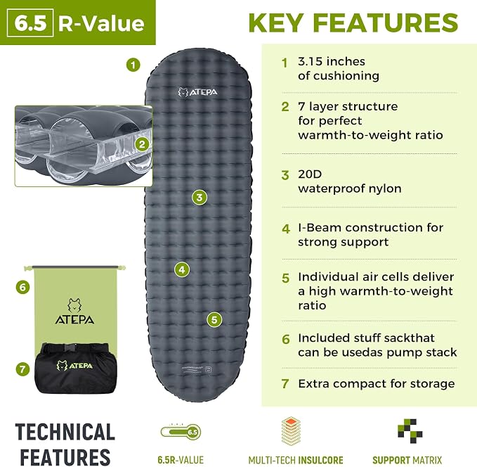 ATEPA ThermAir Ultralight Mummy Sleeping Pad for Backpacking, 6.5 R-Value Insulated Camping Air Mattress with Pump Sack, Compact Inflatable Sleeping Mat, Wide Long Size 72"x21"