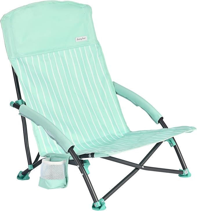 SUNNYFEEL Low Folding Beach Chair for Adults, Portable Lightweight Sling Beach Camping Chairs with Cup Holder, Armrest,Foldable Camp Lawn Chair for Outdoor Sand Concert Travel Sport Events,300LBS