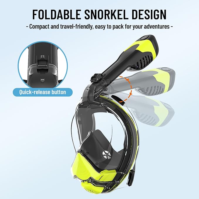 Electric Full Face Snorkel Mask for Adults, Fan-Assisted Airflow Snorkeling Gear, 180° Panoramic Anti-Fog View, Dry Top Leak-Resistant Design with Camera Mount for Beach Vacation