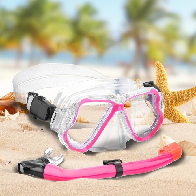 Snorkeling Gear for Kids, 4 in 1 Child Mask Fins Snorkel Set with Panoramic View Anti Fog Mask, Dry Top Snorkel, Trek Fins and Travel Bag, Kids Snorkeling Set with Fins for Snorkeling Swimming
