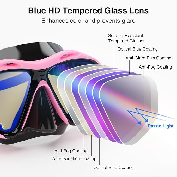 Snorkeling Gear for Adults, Snorkel Mask With Mirrored Tempered Glass Lens 180° Wide View Anti-Fog Scuba Diving Mask, Professional Snorkel Set for Swimming Diving, Gifts for Women Mom Men Dad