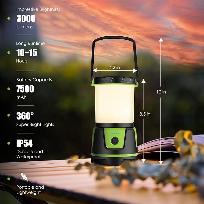 Rechargeable LED Lantern - 3000 Lumens, 5 Light Modes, IP54 Waterproof, 7500mAh Battery, Portable Flashlight for Camping, Hiking, Power Outages & Emergencie (Green)