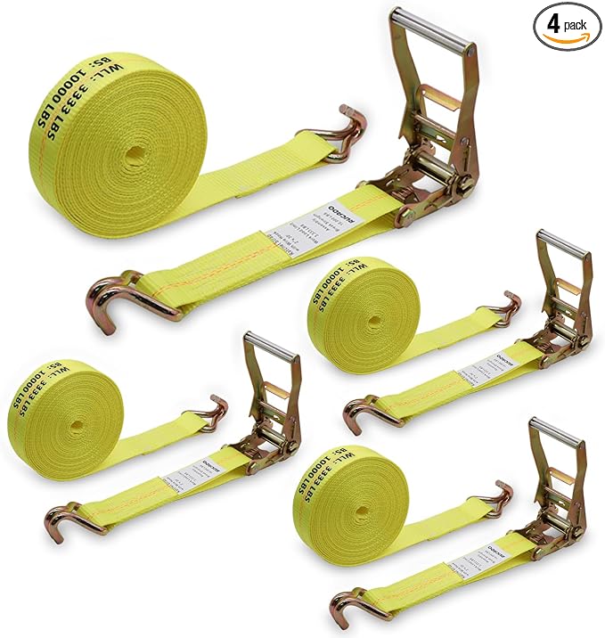 2 Inch x 30 Ft Ratchet Straps Heavy Duty 4 Pack, 10,000 lbs Breaking Strength, Tie Down Straps Ratchet with Double J Hooks, Cargo Ratchet Straps for Trailer, Truck, ATV, Cargo, Yellow