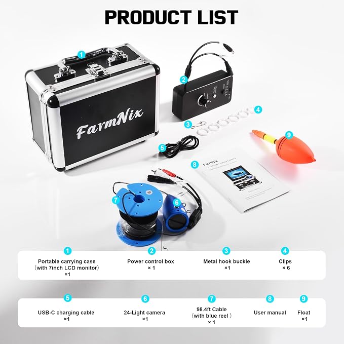 Underwater Fishing Camera 7 inch LCD Monitor Fish Finder Waterproof 1200TVL Fishing Camera 12 White LEDs +12 IR LEDs Infrared Lights for Lake, Boat, Ice Fishing