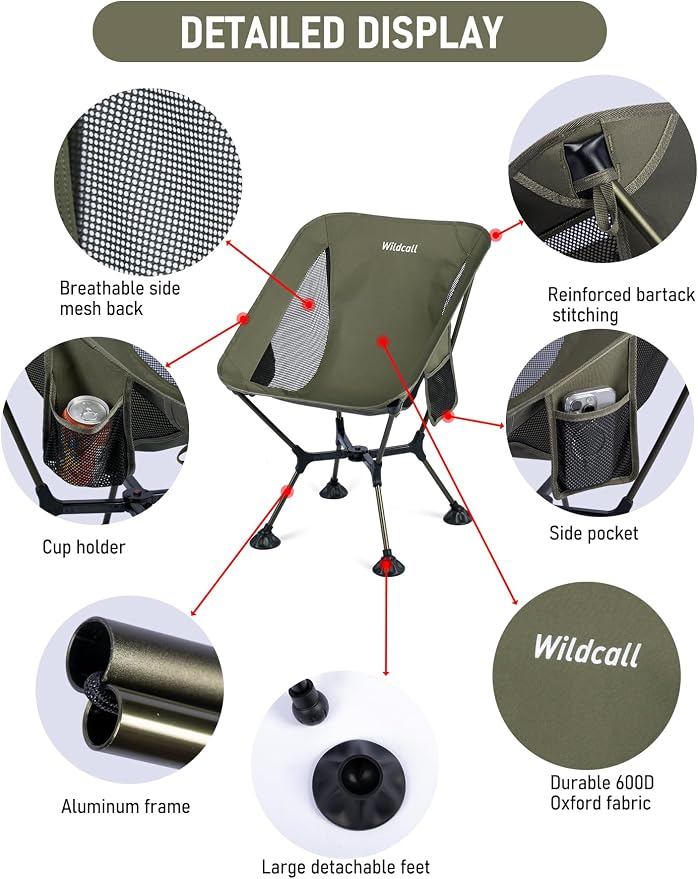 WildCall Lightweight Folding Camping Chair Quick Setup Frame Beach Chair Compact Backpacking Chair with Anti-Sink Feet